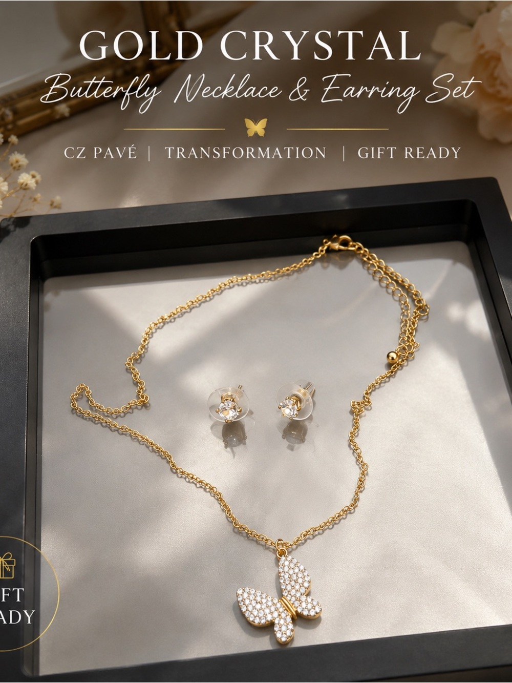 Gold Crystal Butterfly Necklace & Earring Set | Transformation | Gift Ready